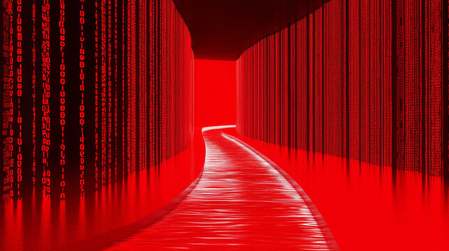 3D Futuristic Digital Tunnel with Glowing Red Lines, Abstract High-Tech Design, and Immersive Pathway in a Virtual Sci-Fi Environment