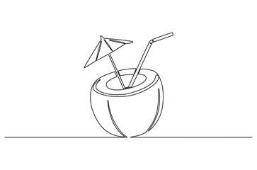 Continuous one line drawing of Coconuts fruit beach. Single line drawing illustration of Coconut water. Summer holiday concept vector art. Doodle line illustration.