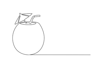 Continuous one line drawing of Coconuts fruit beach. Single line drawing illustration of Coconut water. Summer holiday concept vector art. Doodle line illustration.