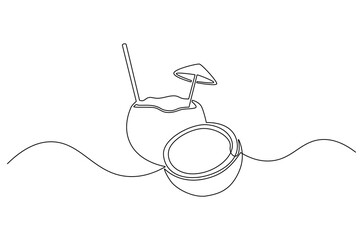 Continuous one line drawing of Coconuts fruit beach. Single line drawing illustration of Coconut water. Summer holiday concept vector art. Doodle line illustration.