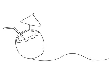 Continuous one line drawing of Coconuts fruit beach. Single line drawing illustration of Coconut water. Summer holiday concept vector art. Doodle line illustration.