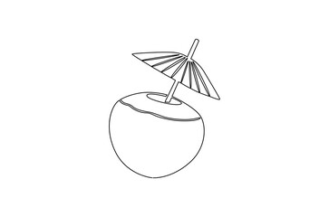 Continuous one line drawing of Coconuts fruit beach. Single line drawing illustration of Coconut water. Summer holiday concept vector art. Doodle line illustration.