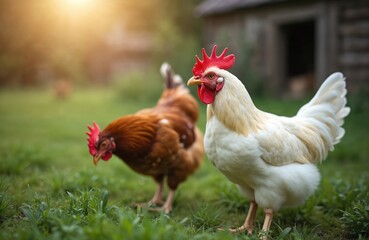 Two chickens roam grassy barnyard on sunny day. White hen with bright red comb stands prominently in foreground brown hen pecks at ground in background near rustic wooden barn. Represents free-range