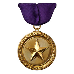 Golden star medal with purple ribbon isolated on transparent background