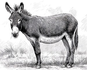 Detailed pencil sketch of a donkey standing in a field