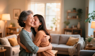 Happy smiling mother embracing her adult daughter at home