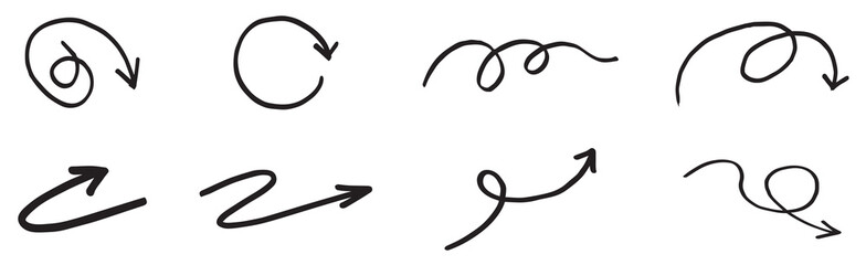 Collection of hand drawn black arrows in various styles and directions on a plain white background suitable for design elements and graphic vector illustration