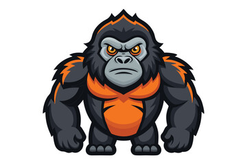 Menacing gorilla with orange accents projects strength and intensity on a stark white backdrop