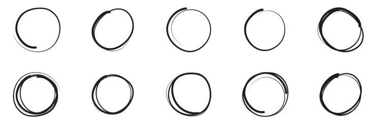 Set of eight circles drawn by hand with brush outline in black paint with jagged uneven edges. Vector illustration of circular prints from cup of coffee, twisted wire. vector illustration