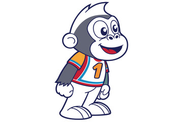 Smiling gorilla mascot in baseball uniform relaxes and holds a bat overhead peacefully