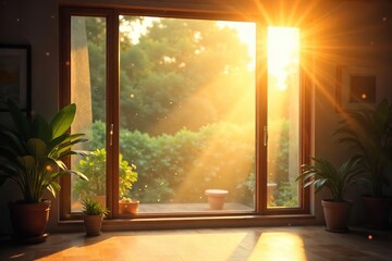 Golden Sunlight Illuminates Dust Motes Dancing in a Bright Room, Warm and Airy Interior with Blurred Outdoor View