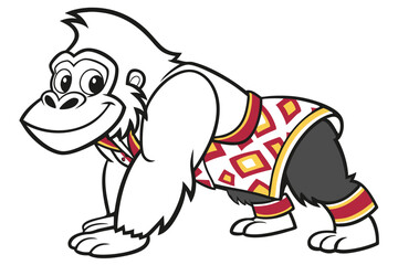 Smiling gorilla cartoon character is walking with a net on his shoulder happily