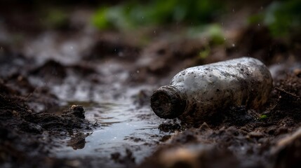 Obraz premium Plastic bottle stuck in polluted sludge near pond