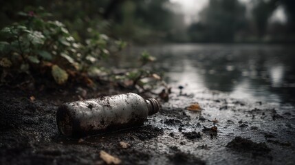 Obraz premium Discarded plastic bottle trapped in polluted pond sludge
