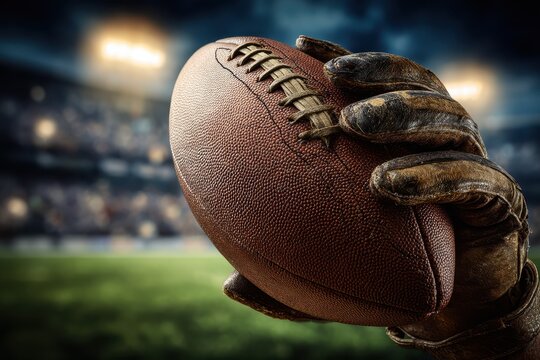 Gloved hand gripping a textured brown football ready for action on the field at a stadium game