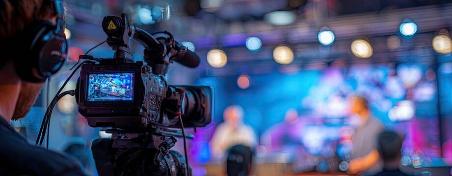 Professional Camera Recording a Live Event with Bokeh Background
