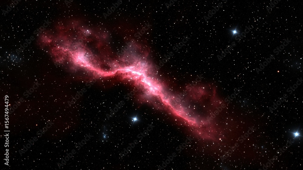Poster a red and pink nebula with a long, wispy tail extending across the image.