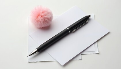 Black pen rests on blank white cards next to fluffy pastel pink pom pom. Minimalist studio shot of stationery accessory. Clean modern design for notes, messages, business cards, promotion, branding.