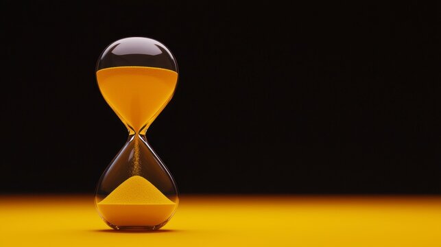 Hourglass with bright yellow sand passing through symbolizing countdown and time running out set against a completely black background highlighting the concept of a deadline. A vibrant