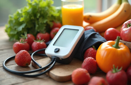 Blood pressure monitor alongside fresh fruits and vegetables on a wooden table. Represents healthy lifestyle choices and hypertension prevention through diet and exercise. - Powered by Adobe