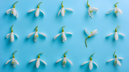 Snowdrops in elegant pattern on blue, a minimalist spring harmony