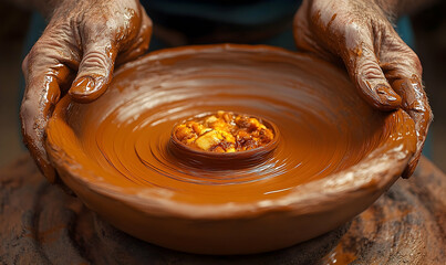 Muddy hands holding a clay bowl filled with food on a pottery wh