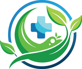 Green leaves and a blue medical cross form a circular emblem representing holistic health and natural wellness solutions isolated on transparent background