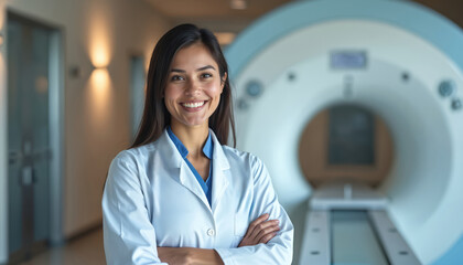 Smiling female radiologic technologist stands arms crossed in modern medical imaging facility. Confident healthcare professional near MRI machine, ready for diagnostic scans and patient care.