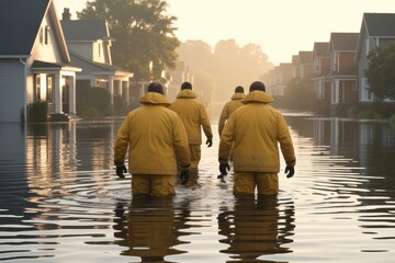 Individuals in yellow protective gear walking through flooded residential street with houses visible