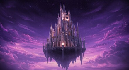 Majestic fantasy castle floats among vibrant purple clouds in a starry twilight sky