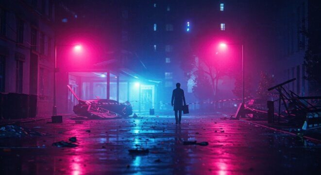 Mysterious silhouette traverses a vibrant, damaged city scene under neon glow - Powered by Adobe