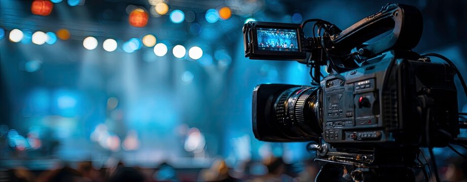 Professional Video Camera Recording a Live Event with Bokeh Lights