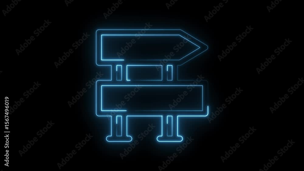 Poster glowing neon road sign animation on black background for navigation concepts and directional signage