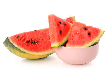 Bowl with pieces of fresh watermelon on white background