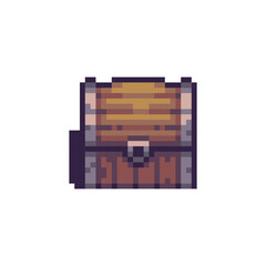 Pixel art of a closed wooden treasure chest with metal reinforcements, loot containers or objects in 2D games.