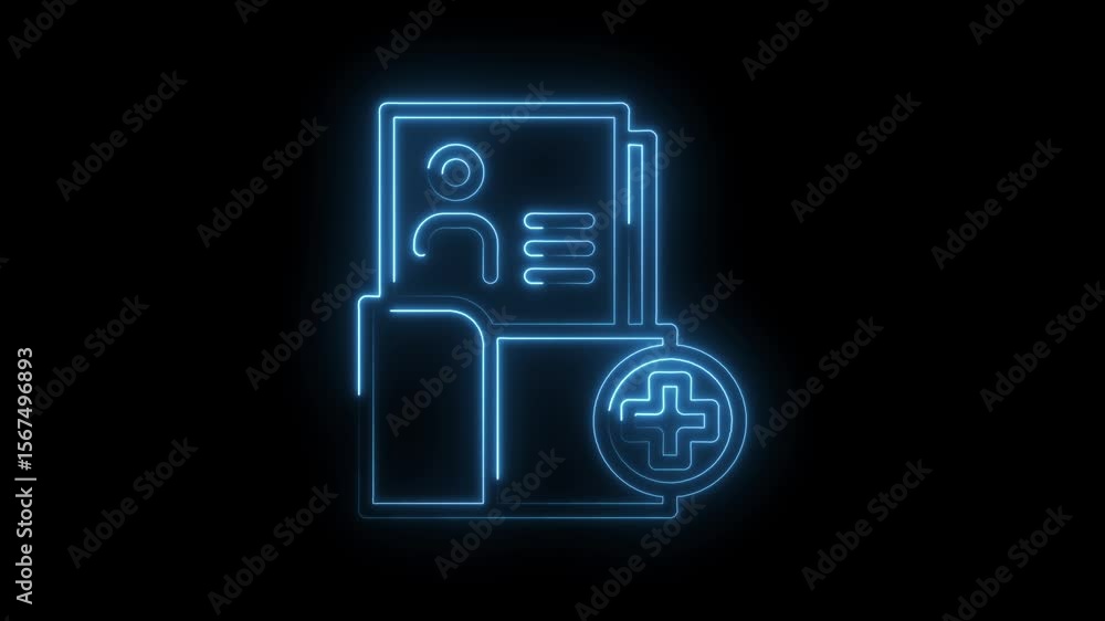 Poster neon medical records file icon animation with add button on black background