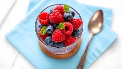 Fresh berries in glass bowl raspberries and blueberries healthy eating summer fruit dessert food