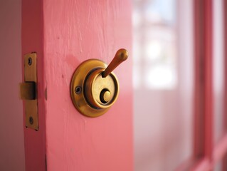 Close up of pink door with brass door knob and lock for home security and interior design