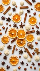 Dried orange slices and spice flat lay for christmas baking and holiday season concept