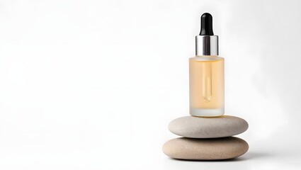 Serum bottle on stones, skincare product photography, beauty oil, cosmetic dropper, zen spa