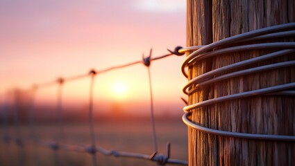 Barbed wire fence at sunset rural landscape farm security fencing country protection scene