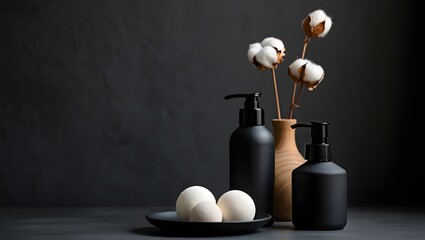 Minimalist bathroom decor black soap dispenser cotton flowers bath bombs spa aesthetic