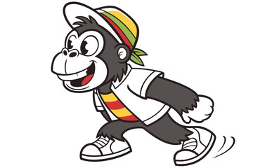 Cheerful gorilla wearing athletic gear and sneakers smiles brightly while playfully squatting down low to the ground