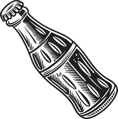 Vintage Soda Bottle Vector – Black and White Hand-Drawn Engraved Illustration of Retro Glass Drink
