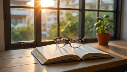 Reading glasses on book by window with sunlight and plant for cozy home study aesthetic