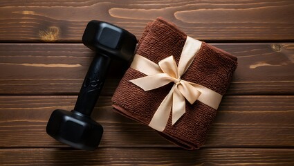 Fitness gift set dumbbell and towel with ribbon on wood background health and wellness present