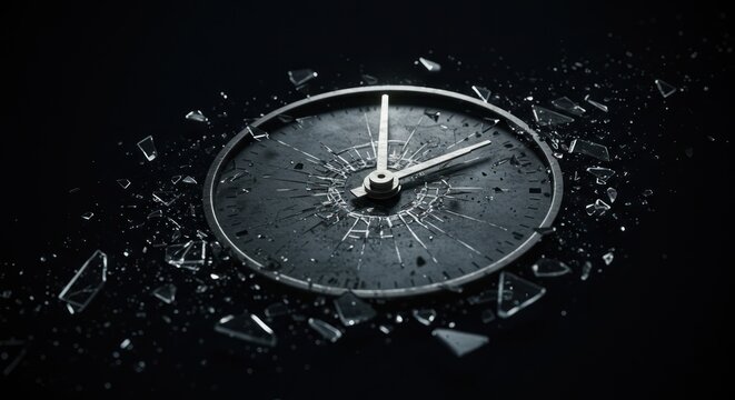 Shattered timepiece dramatic still life with broken glass fragments on dark background