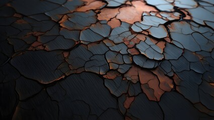 Abstract cracked texture background, dark grunge surface with copper and blue tones design