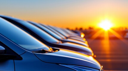 Company electric vehicle fleet focus on reducing carbon footprint dynamic Silhouette parking lot backdrop. Eco friendly automotive initiative a sustainable transportation strategy