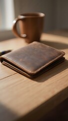 Brown leather wallet on wooden table with coffee mug, men's accessories and everyday carry